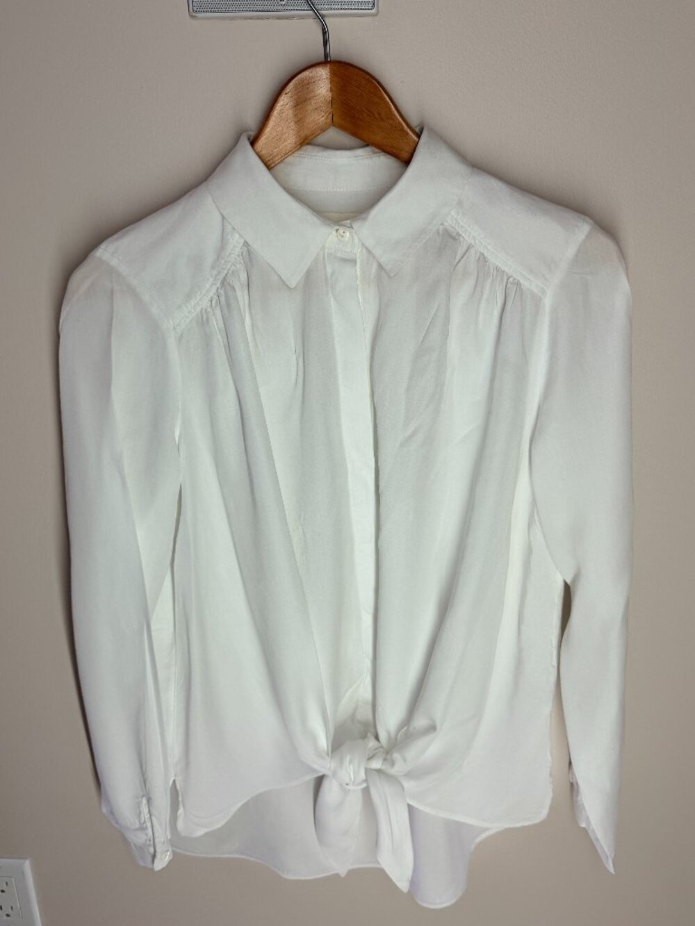 Maeve Anthropologie White Tie Front Collared Blouse Gathered Shoulder S